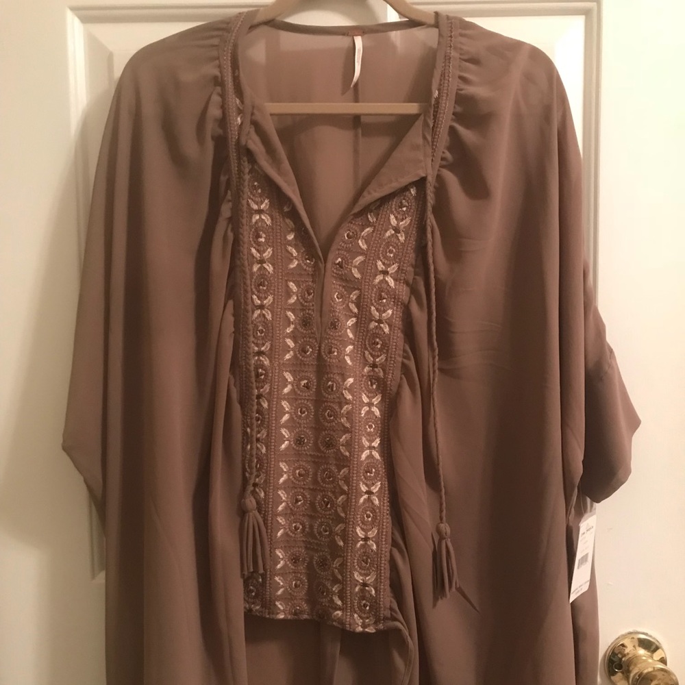 Taupe Free People Embroidered Top